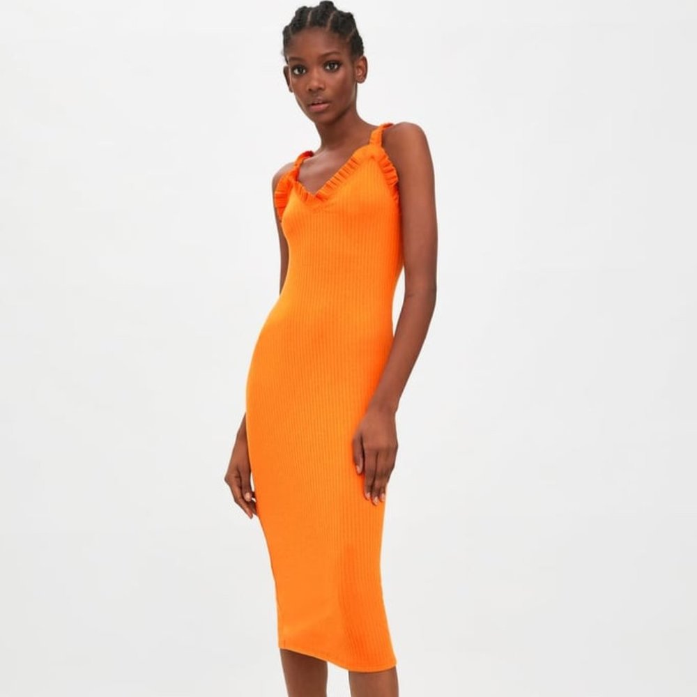 Zara Ribbed Ruffle Midi Dress S